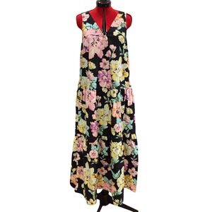 NWTO Who‎ What Wear Black Floral Maxi Dress V Neck Sleeveless Tiered Small boho